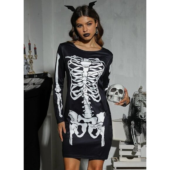 Women's Halloween Costume Skeleton Funny Long Sleeve Midi Skeleton Dresses - Picture 5 of 8